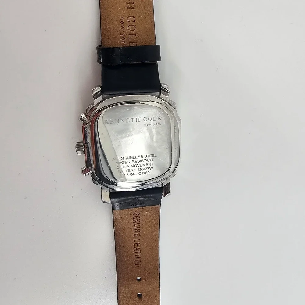 Kenneth Cole Watch Mens Black Leather Square Chronograph Dressy Modern Stainless